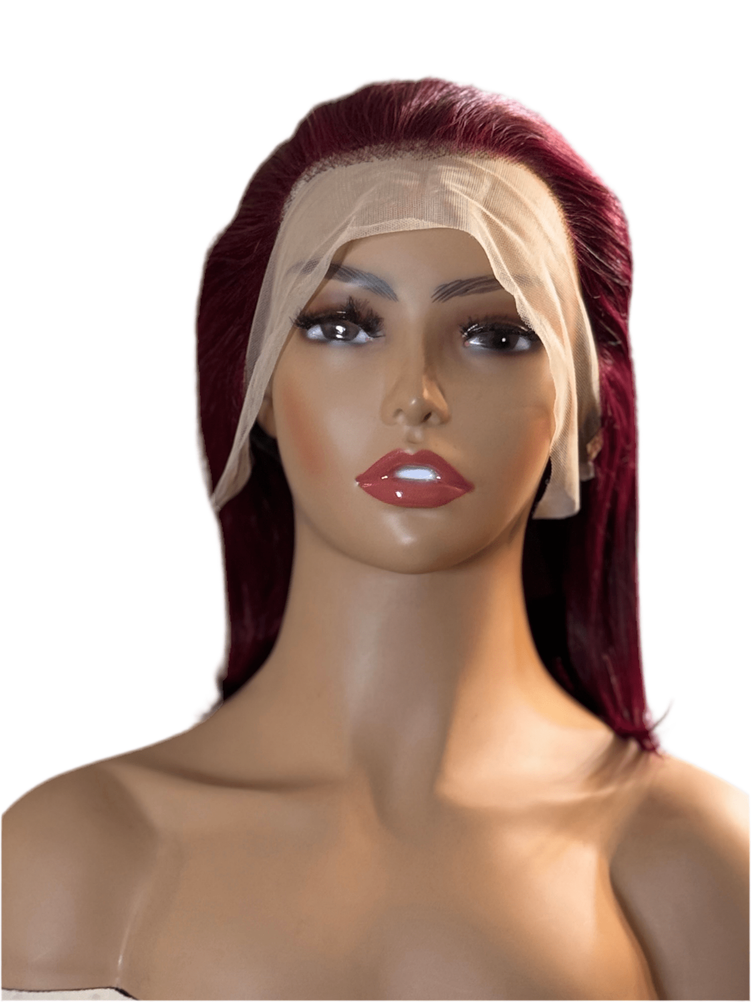 Mannequin head with a red wig and beige lace front on a white background. burgundy wig, burgundy red wig, burgundy lace front wig, burgundy human hair wig, wine red wig, wine color wig, red lace front wig, red human hair wig, red bob wig, burgundy bob wig, burgundy lace wig, burgundy human hair bob wig, straight bob wig, straight lace front wig, straight human hair wig, human hair bob wig, lace front bob wig, bob lace wig, chic bob wig, sleek bob wig, short human hair wig, short lace front wig, short wig