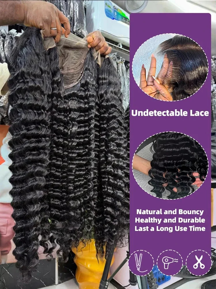 A bundle of long, dark curly wig or hair extension pieces being held up, with a purple informational panel on the right showing close-up inset photos of lace application and text reading 'Undetectable Lace' and 'Natural and Bouncy Healthy and Durable Last a Long Use Time.'. 250 Density Black 42 Inch Human Hair Loose Deep Wave Curly 13x4 HD Lace Frontal Wig 13x6 Lace Front Wigs Clearance Sale Natural