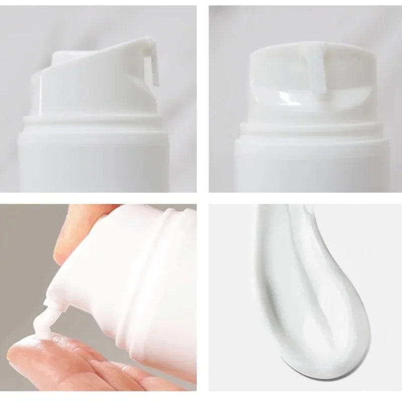 Collage of a white bottle with a pump dispenser, showing close-up details and its use on skin.
