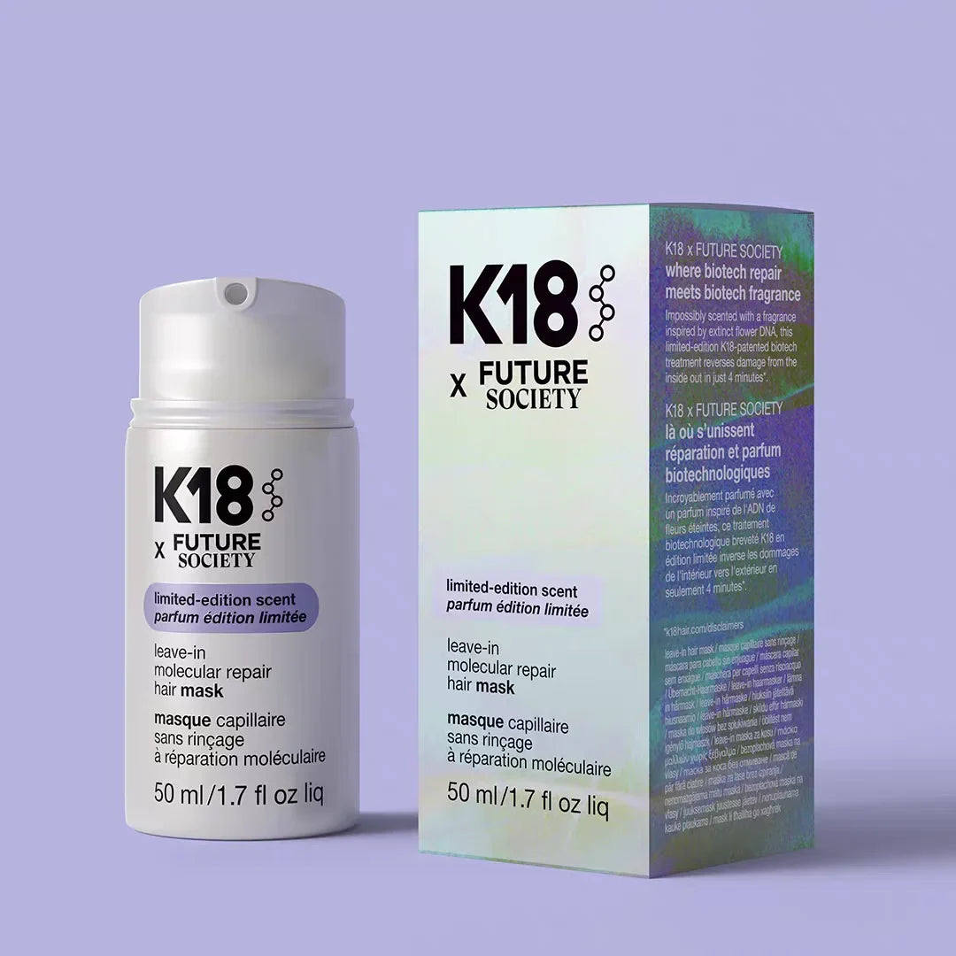 K18 x Future Society hair mask bottle and packaging on a purple background