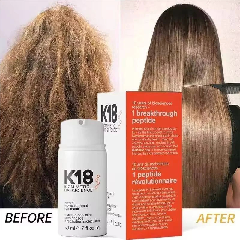 K18 hair care product packaging with 'Before' and 'After' hair comparison