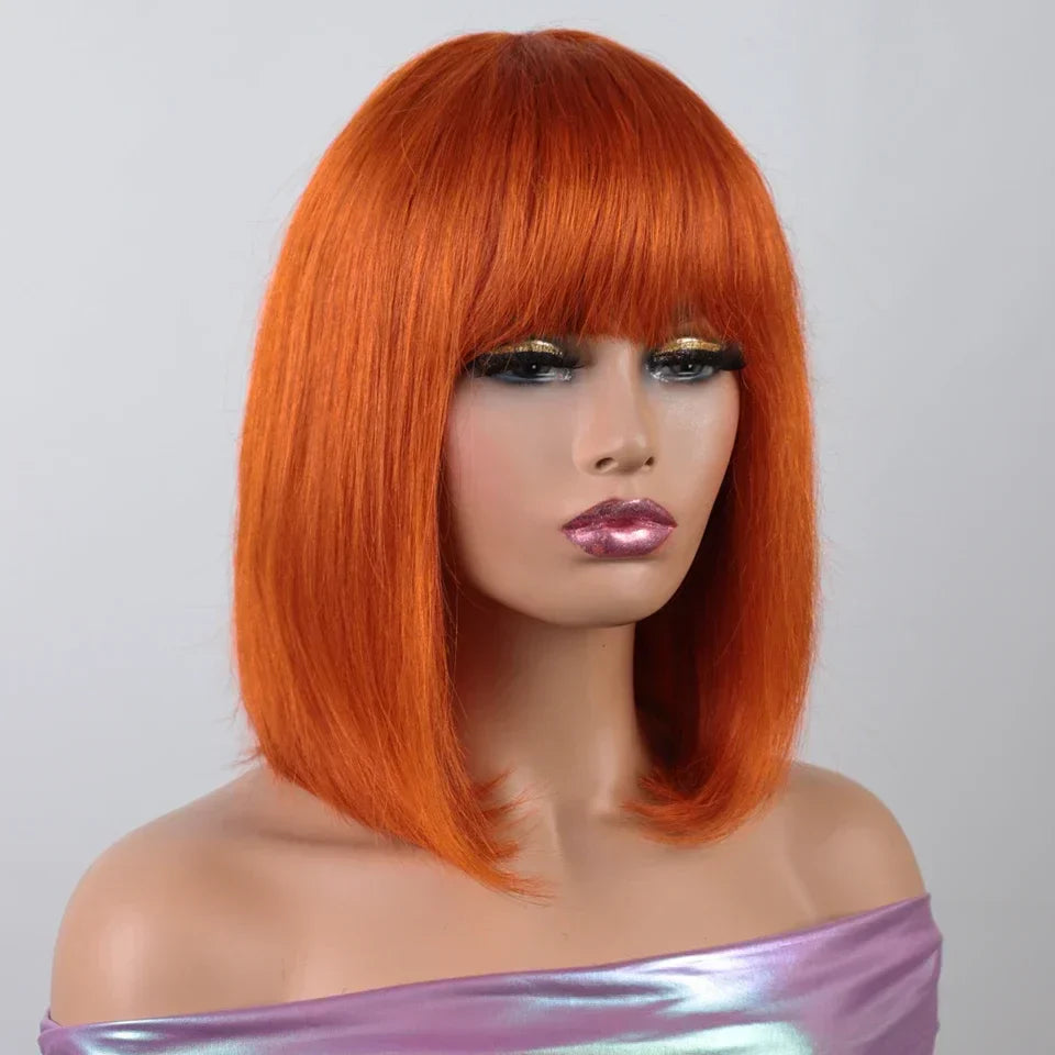 Rebecca Orange Blonde & 99J Red Straight Bob Wig with Bangs | Human Hair Machine Made