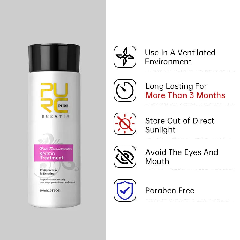 PURC Keratin Treatment hair straightening and smoothing formula with long-lasting results over 3 months, paraben-free professional hair care for curly, frizzy and damaged hair; use in a ventilated area, store away from direct sunlight, and avoid contact with eyes and mouth.