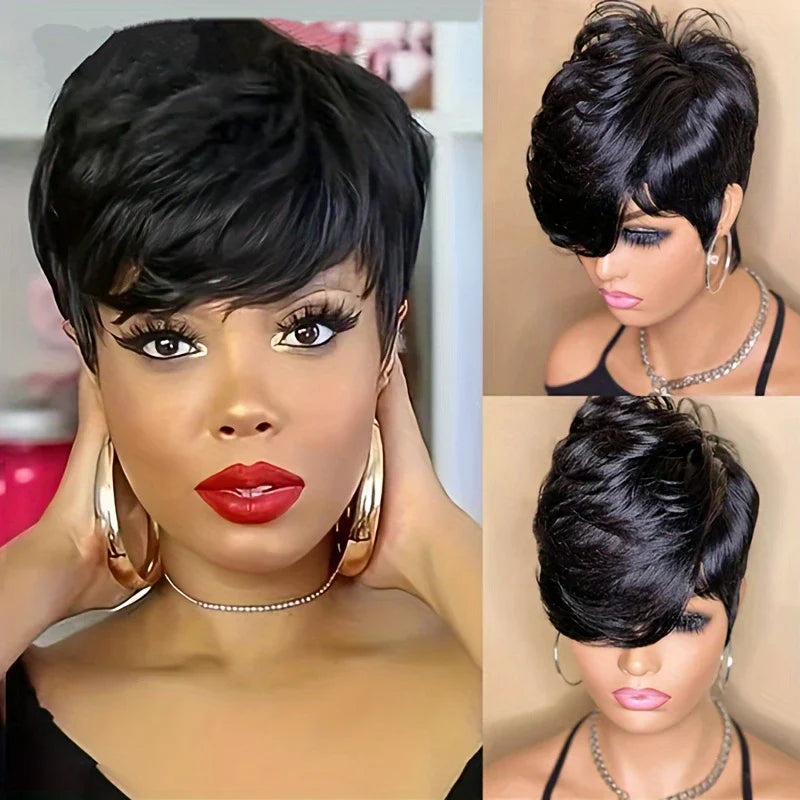 Short Bob Pixie Cut Wigs Straight Natural Color Bob Wig With Bangs Brazilian Virgin Remy Human Hair Wigs Full Machine Made Wigs