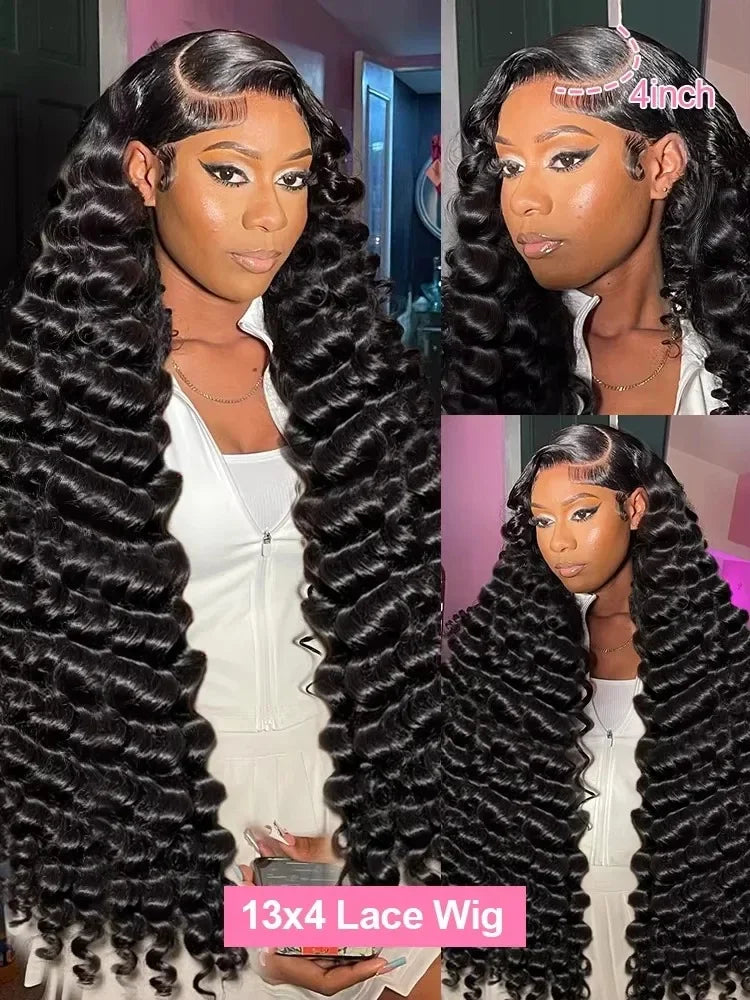 Collage of a woman wearing a 13x4 lace wig with close-up shots of the hair. 250 Density Black 42 Inch Human Hair Loose Deep Wave Curly 13x4 HD Lace Frontal Wig 13x6 Lace Front Wigs Clearance Sale Natural