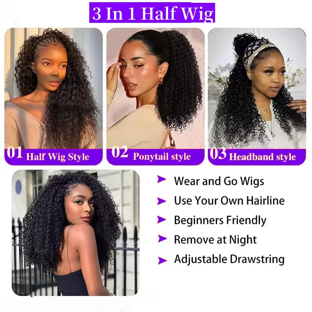 16 Inch Curly Half Wig Human Hair 3 IN 1 Seamless Flip Over Half Wig Human Hair Water Wave Human Hair Drawstring Wig 200 Density
