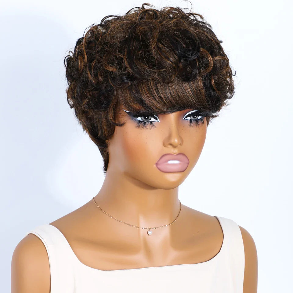 Rebecca Mixed Brown Pixie Cut Wig | Curly Side Part Brazilian Human Hair