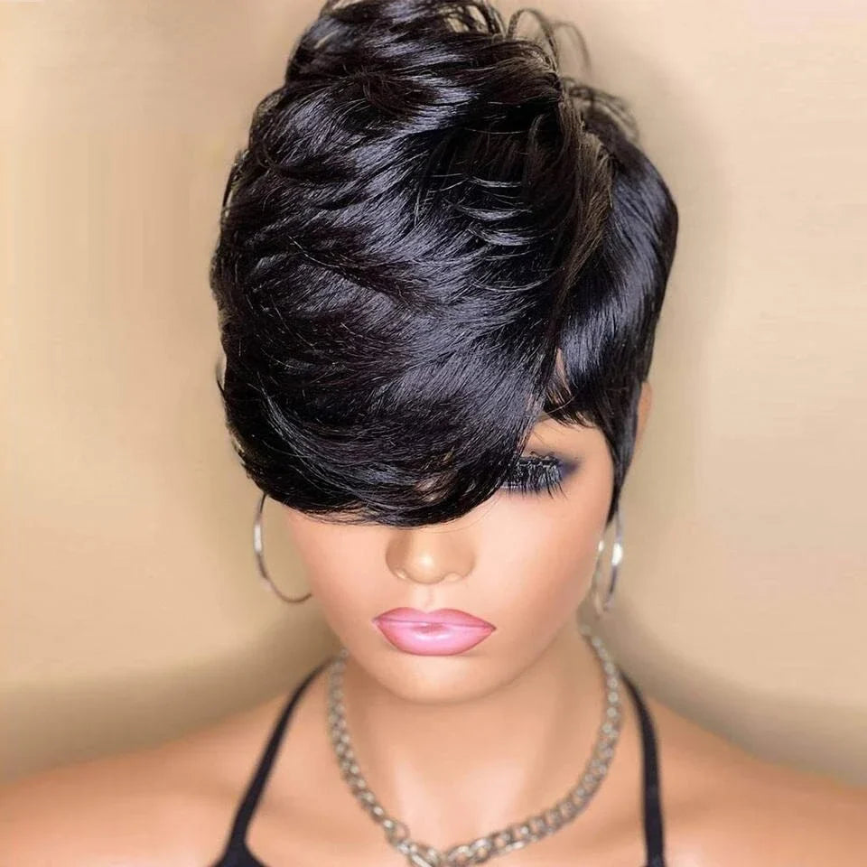 Short Bob Pixie Cut Wigs Straight Natural Color Bob Wig With Bangs Brazilian Virgin Remy Human Hair Wigs Full Machine Made Wigs