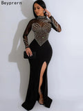 Beyprern Women's Crystal Embellished High Slit Long Maxi Dress Gown Glam Long Sleeve Diamonds Party Dress Celebrities Outfits
