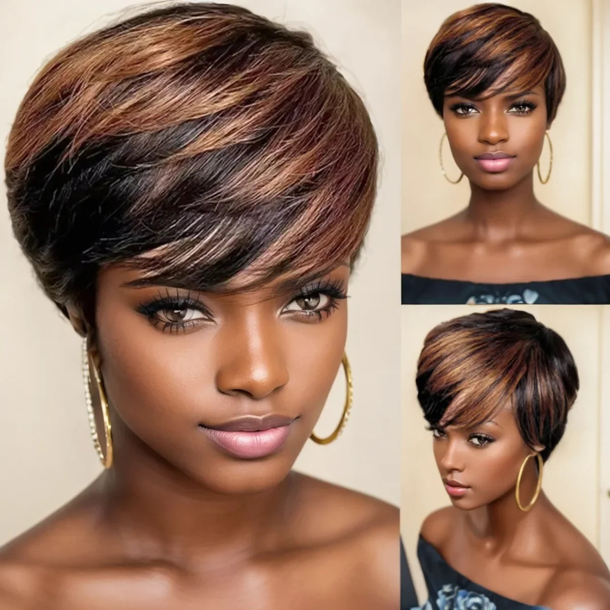 WIGERA  Highlight Synthetic Wigs Short Straight  Pixie Cut Hair Bob Wig Honey Gold Mix Black  Hair For Woman