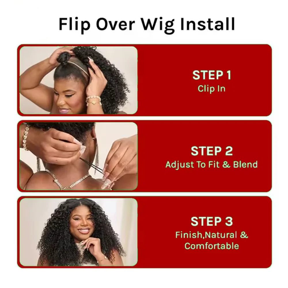 16 Inch Curly Half Wig Human Hair 3 IN 1 Seamless Flip Over Half Wig Human Hair Water Wave Human Hair Drawstring Wig 200 Density