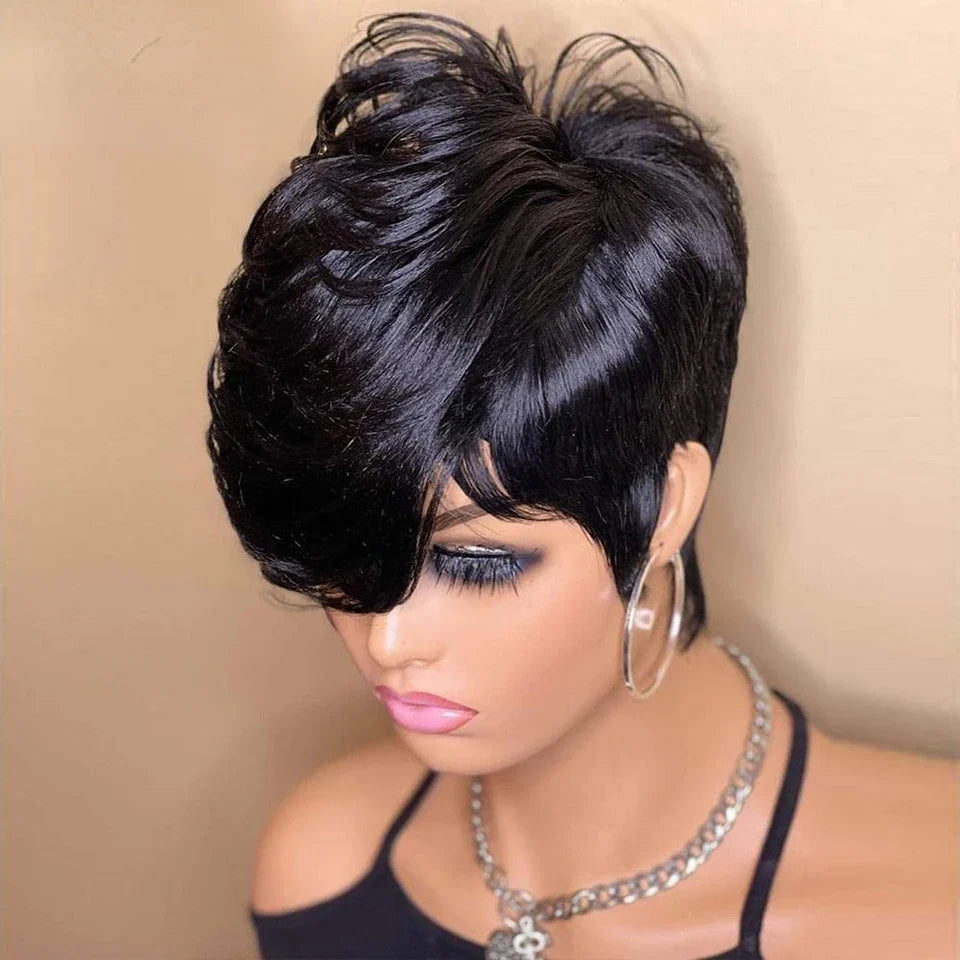 Short Bob Pixie Cut Wigs Straight Natural Color Bob Wig With Bangs Brazilian Virgin Remy Human Hair Wigs Full Machine Made Wigs