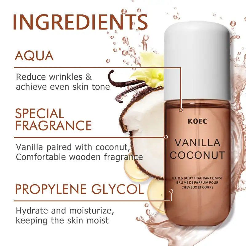 Vanilla Coconut hair and body fragrance mist with ingredients listed on a white background