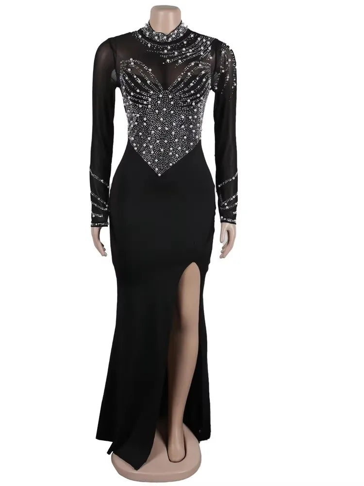 Beyprern Women's Crystal Embellished High Slit Long Maxi Dress Gown Glam Long Sleeve Diamonds Party Dress Celebrities Outfits