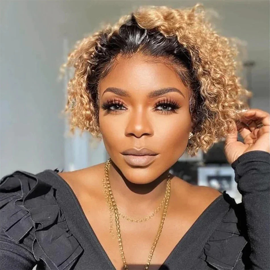 Ombre 1B/27 Pixie Cut Wigs Human Hair Curly Brazilian Virgin Hair 13x1 Transparent Lace Front Short Bob 180% Density