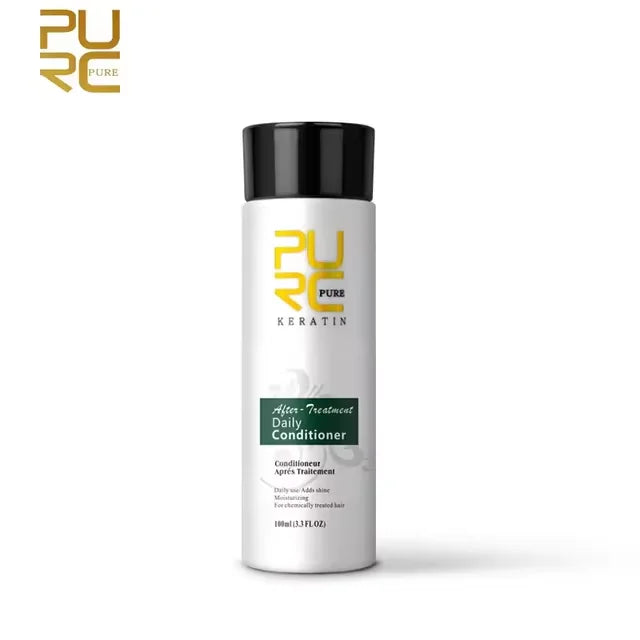 PURC Keratin Daily Conditioner after-treatment hair care for smooth, soft, shiny, frizz-free hair, professional keratin conditioner for damaged, dry, curly and chemically treated hair in white bottle with black cap.