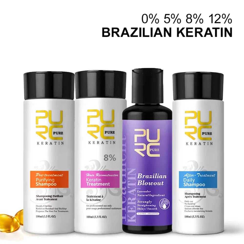 PURC Brazilian Keratin hair treatment products with 0%, 5%, 8% and 12% keratin formulas, including purifying shampoo, keratin treatment, Brazilian blowout and after-treatment shampoo for smoothing, straightening and repairing curly, frizzy or damaged hair.