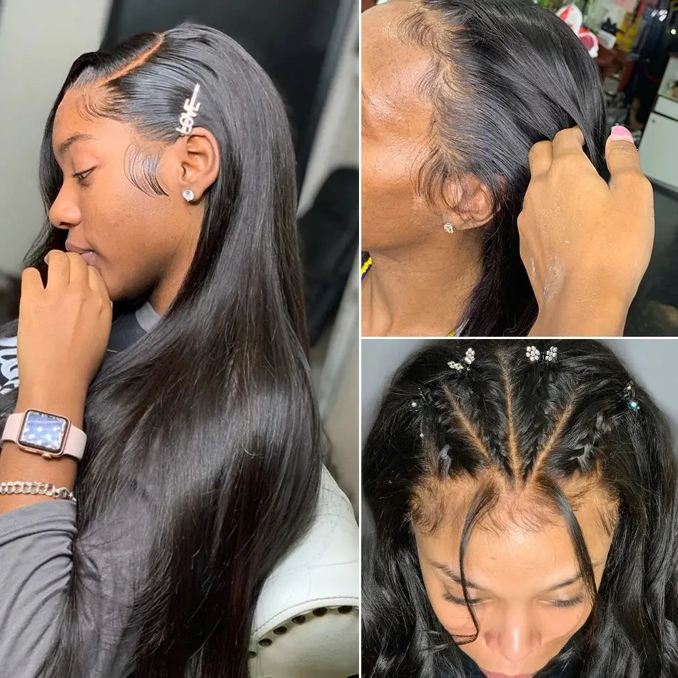 Brazilian human hair silk base full lace wig with pre-plucked natural hairline, silky straight texture and realistic scalp appearance, luxury wig.