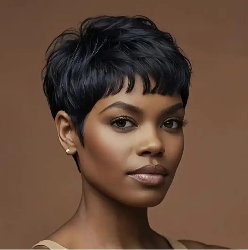 Synthetic short black hair wig Pixie cut wig for Bangs short Fak wig for women party wig short hair*China