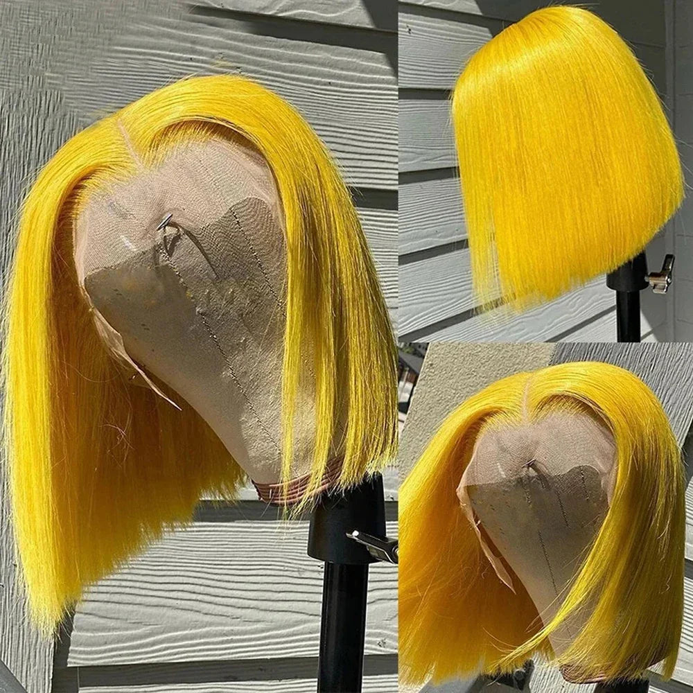 Straight Lace Bob Wig Yellow 13x4 Lace Front Human Hair Wig For Women Transparent Short Bob Wig Pixie Cut Brazilian 220% Density