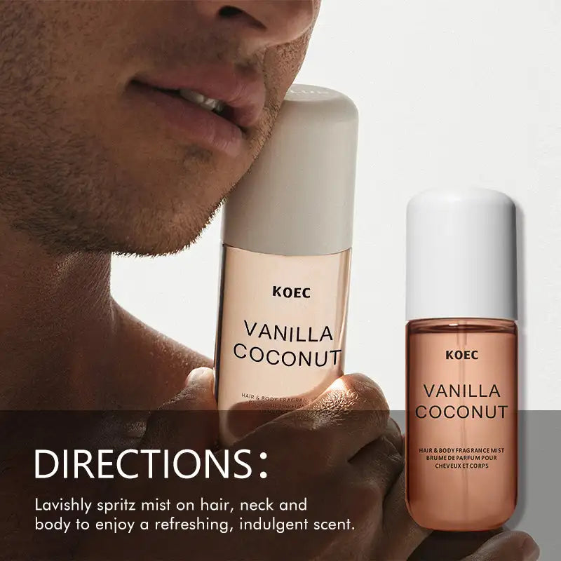 Two bottles of Menmaran Vanilla Coconut fragrance with a man smelling one of them.