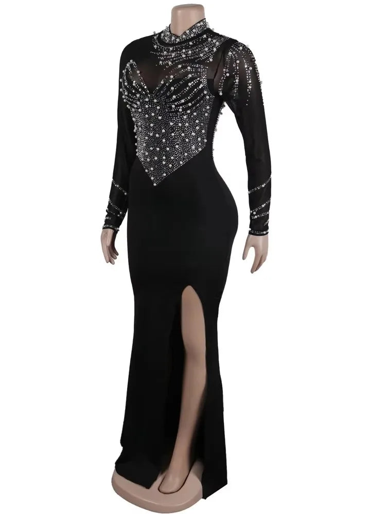 Beyprern Women's Crystal Embellished High Slit Long Maxi Dress Gown Glam Long Sleeve Diamonds Party Dress Celebrities Outfits