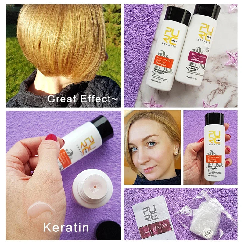PURC Keratin Treatment shampoo and conditioner hair care set featuring Brazilian keratin smoothing and straightening products for curly, frizzy and damaged hair, shown with blonde hair results, purifying shampoo, keratin treatment texture and professional hair repair products designed to leave hair smoother, straighter, softer and shinier.