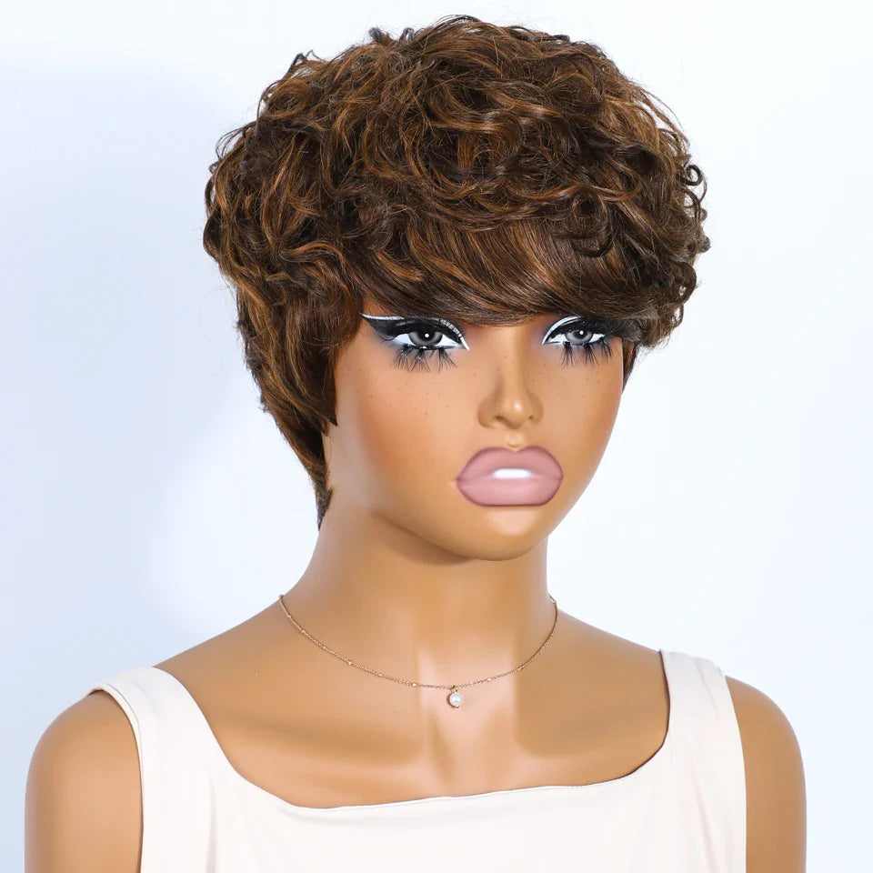 Rebecca Mixed Brown Pixie Cut Wig | Curly Side Part Brazilian Human Hair