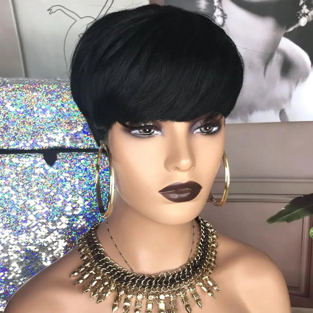 Short Pixie Cut Wig Human Hair Staright Layered Pixie Cut Wig Brazilian Remy Hair Full Machine Made Natural Color For Women