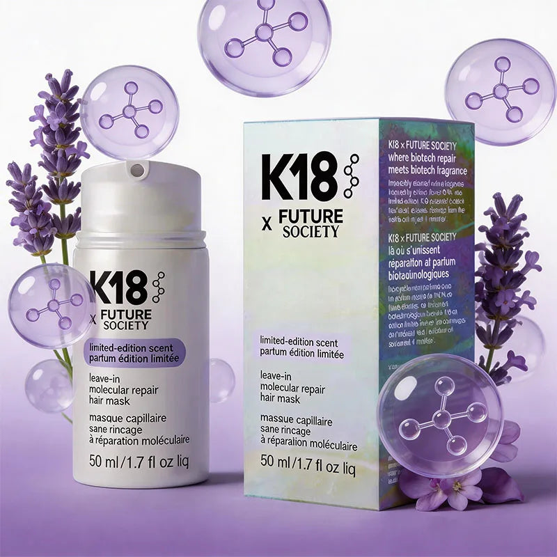 K18 x Future Society hair care product with packaging and lavender flowers on a purple background. Limited Edition scent parfum, leave-on, molecular repair, hair mask. 50 ml - 1.7 fl oz. liq