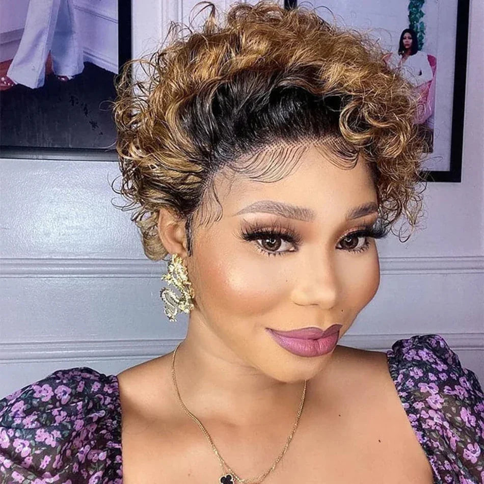 Ombre 1B/27 Pixie Cut Wigs Human Hair Curly Brazilian Virgin Hair 13x1 Transparent Lace Front Short Bob 180% Density