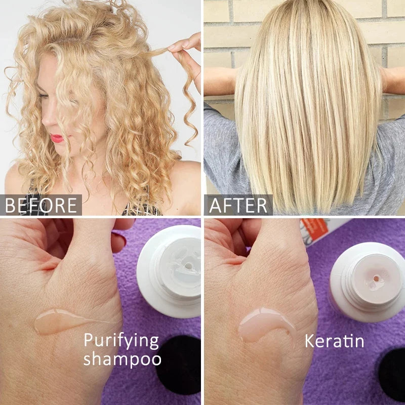 PURC Keratin Treatment before and after results showing curly frizzy blonde hair transformed into smooth straight shiny hair, plus purifying shampoo and keratin treatment texture for Brazilian hair straightening, smoothing and repair.