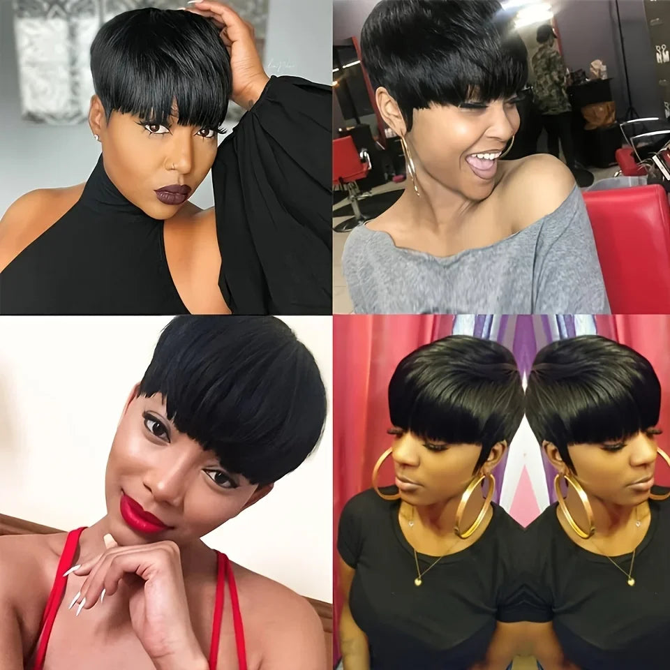 Short Pixie Cut Wig Human Hair Staright Layered Pixie Cut Wig Brazilian Remy Hair Full Machine Made Natural Color For Women