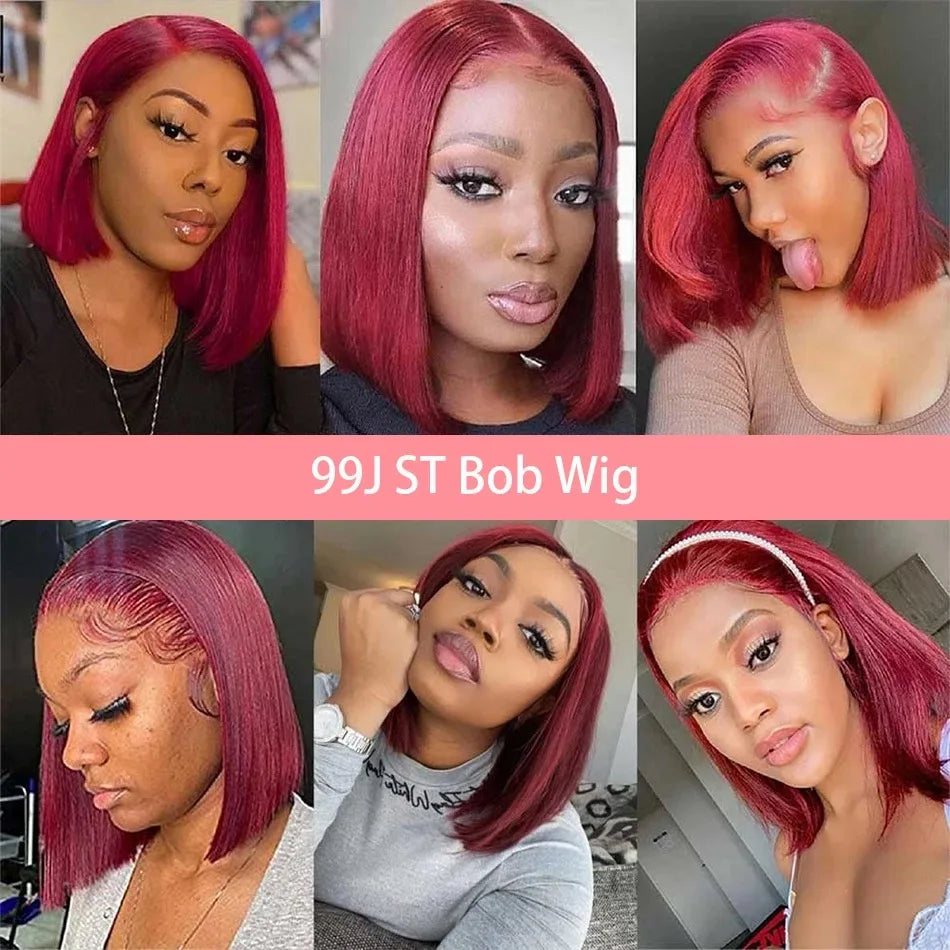 Short Bob Straight 99J Red Burgundy Color Synthetic 13X4 HD Lace Front Wig For Black Women Prepucked With Baby Hair Glueless Wig