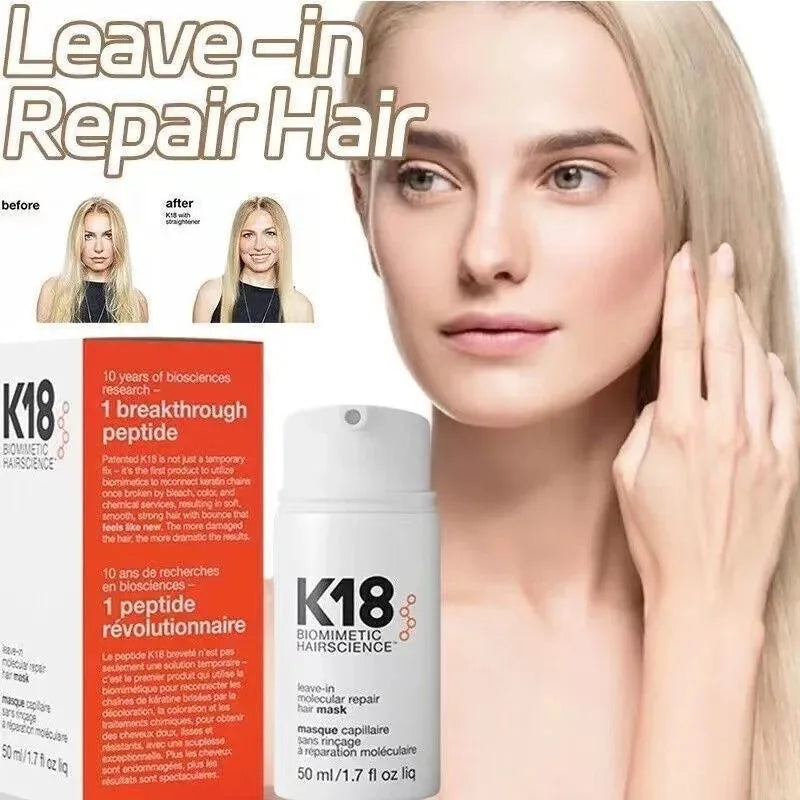 K18 hair care product with a woman and 'before'/'after' comparison on a white background