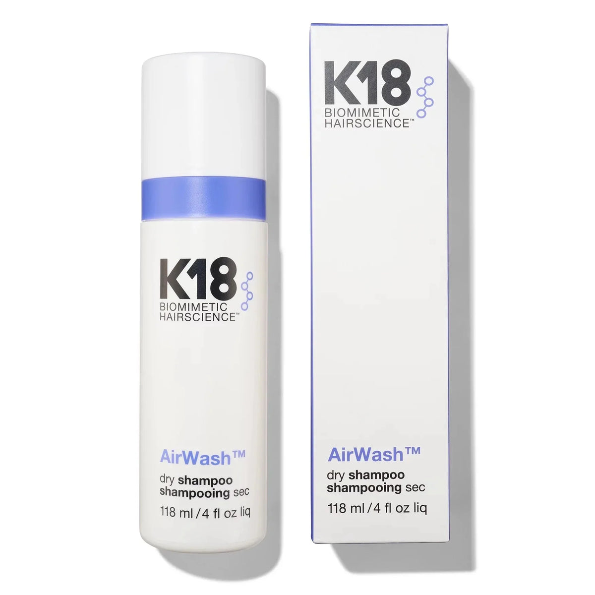 K18 AirWash dry shampoo bottle and packaging on a white background