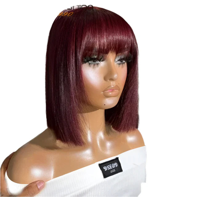 Rebecca Orange Blonde & 99J Red Straight Bob Wig with Bangs | Human Hair Machine Made