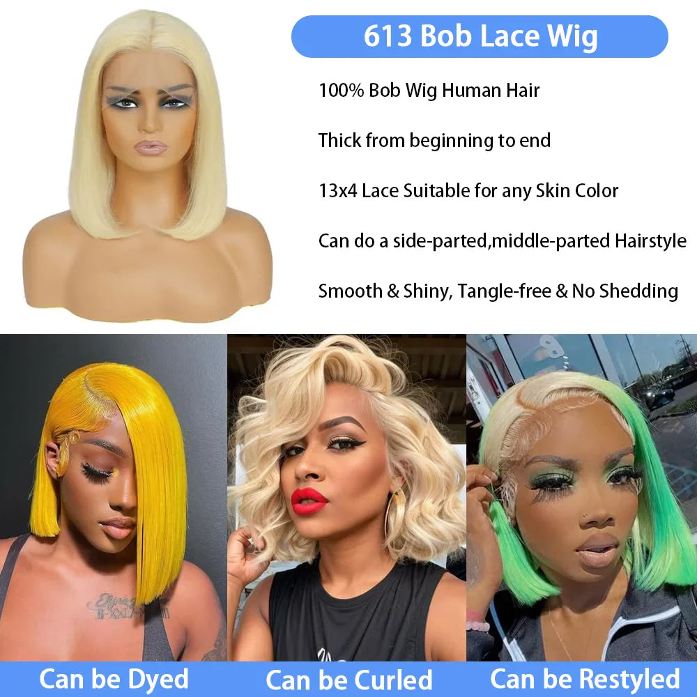 220% Density 613 Honey Blonde Straight Short Bob Wig Brazilian Hair 13x4 Lace Front Human Hair Wig Pre Plucked with Baby Hair