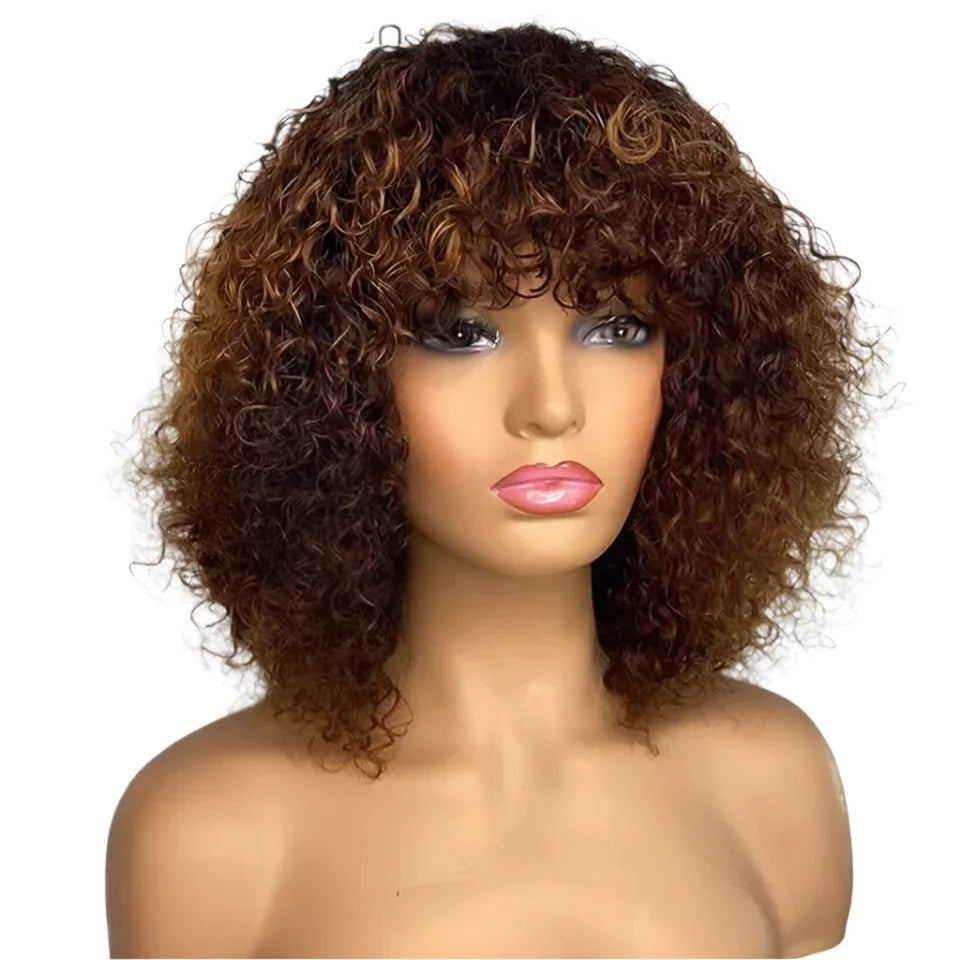 Highlight Honey Blonde Jerry Curly Pixie Bob Wig with Bangs | Full Machine Made Human Hair