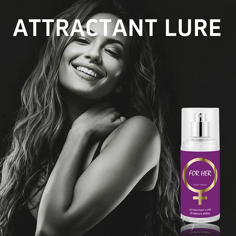 Woman with a product labeled 'Attractant Lure' on a dark background