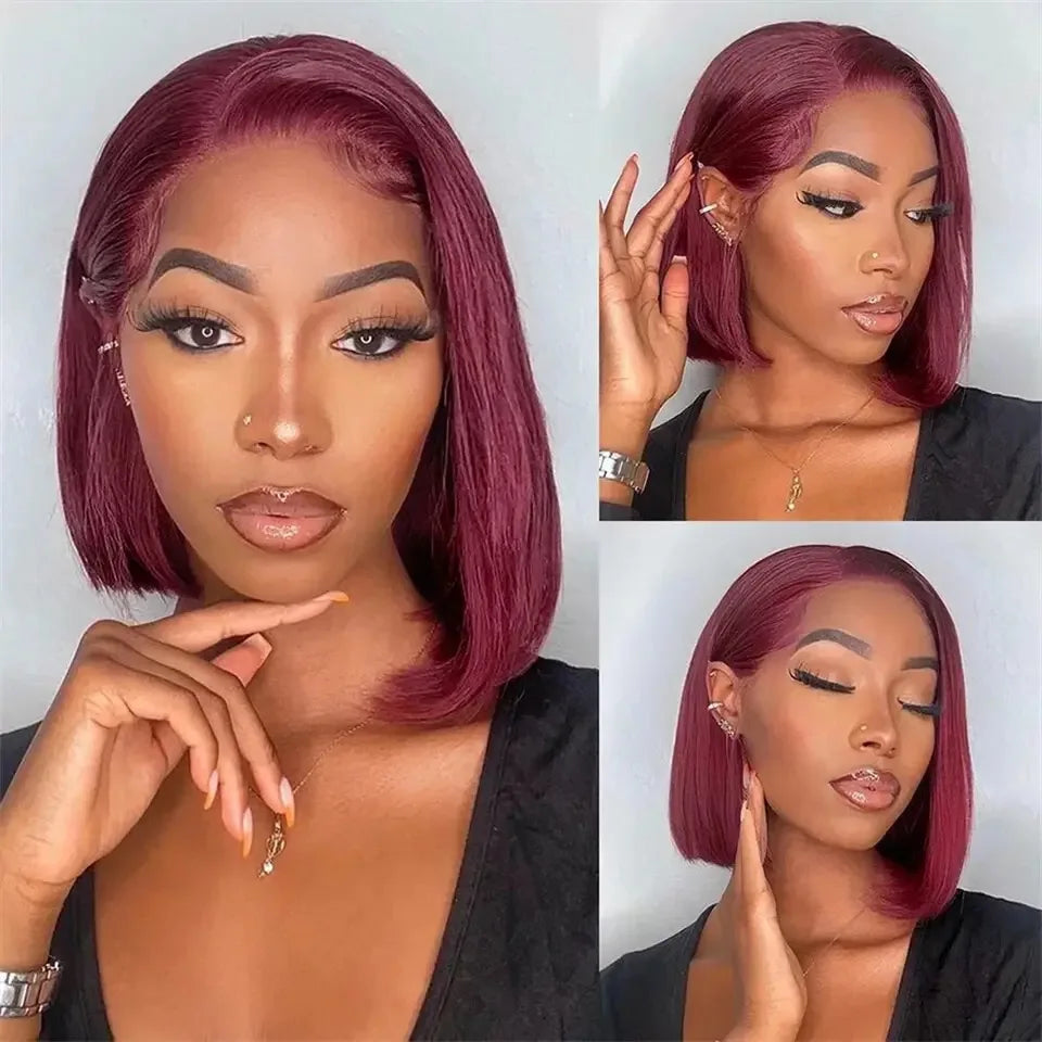Short Bob Straight 99J Red Burgundy Color Synthetic 13X4 HD Lace Front Wig For Black Women Prepucked With Baby Hair Glueless Wig