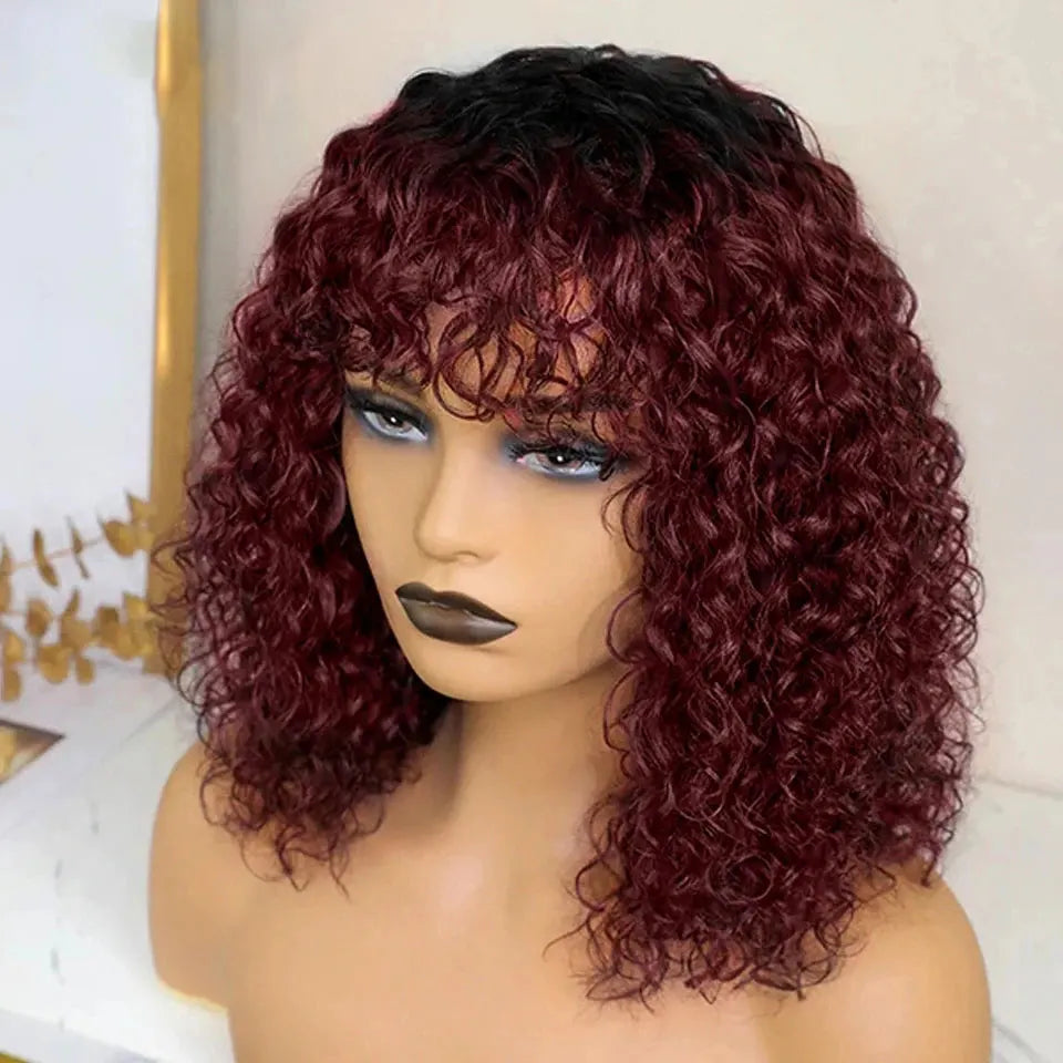 Ombre Honey Blonde Jerry Curly Pixie Bob Wig | Remy Human Hair with Bangs