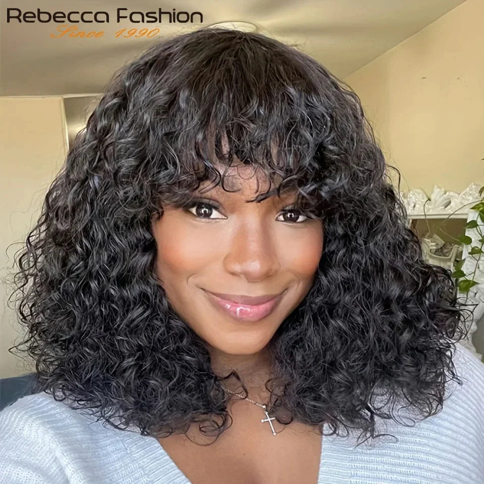 Jerry Curly Short Pixie Bob Cut Human Hair Wigs With Bangs Remy Curly Bob Wigs For Black Women Full Machine Made Wig #1B 1B/99J