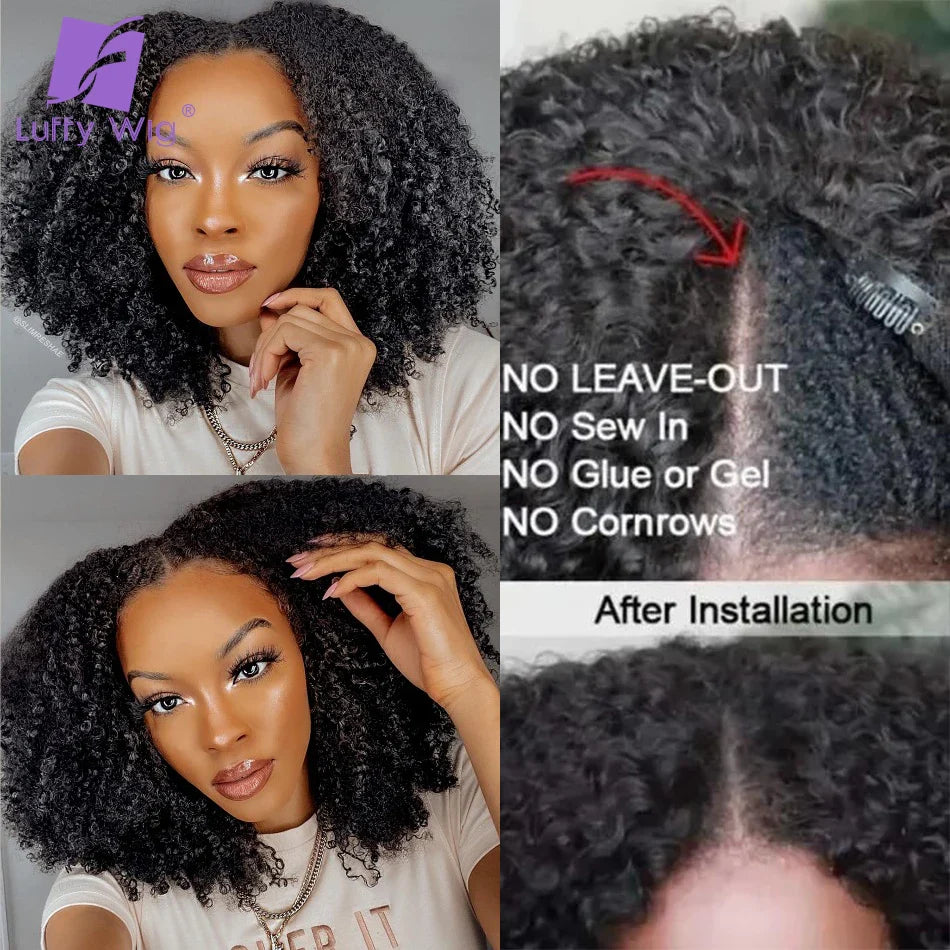 200Density V Shape Wig Afro Kinky Curly Human Hair V Part Wig Short Curly Glueless No Leave Out New U Part Wigs For Women