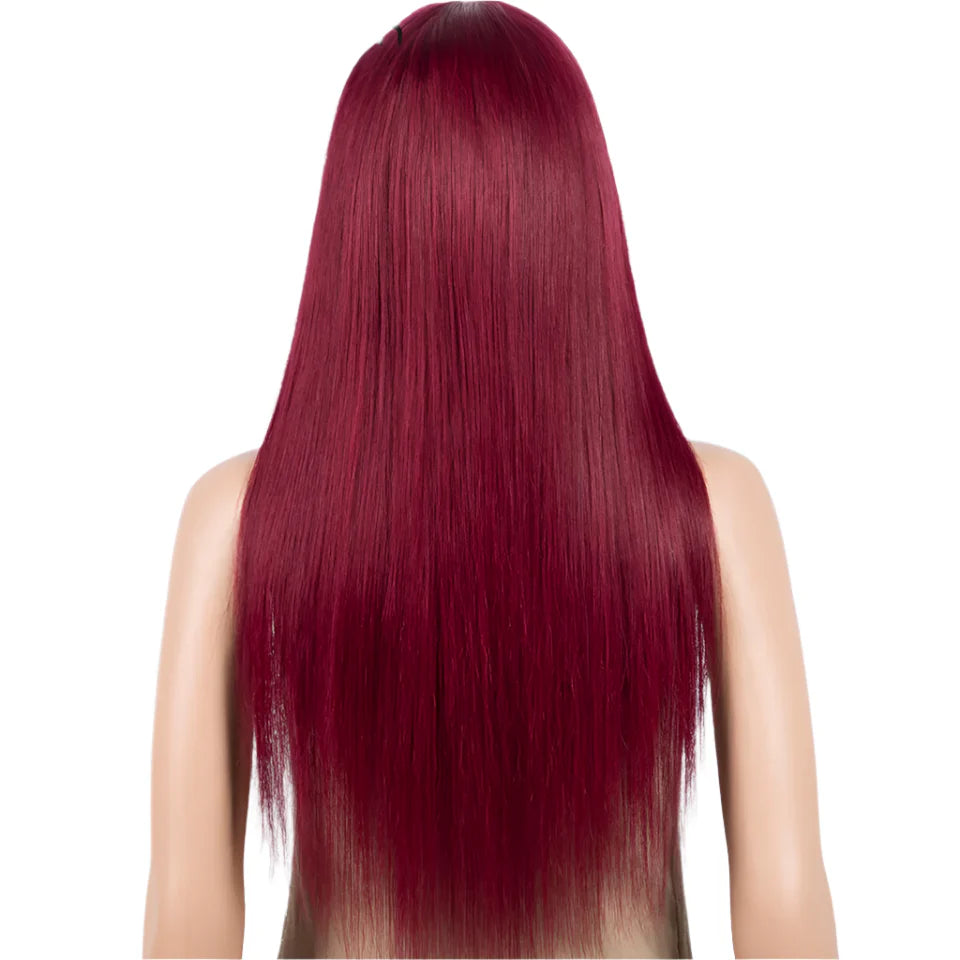 Burgundy Straight Wig with Bangs | "Put On & Go" Glueless Human Hair
