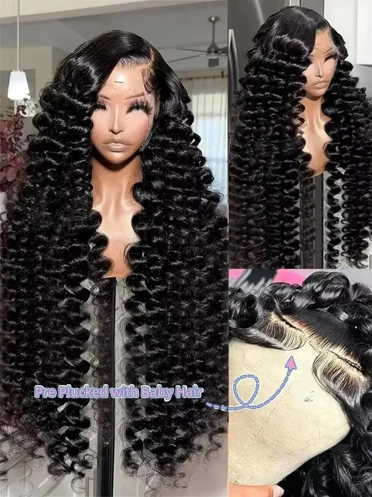 Black lace wig with baby hair on a mannequin head, shown from multiple angles. 250 Density Black 42 Inch Human Hair Loose Deep Wave Curly 13x4 HD Lace Frontal Wig 13x6 Lace Front Wigs Clearance Sale Natural