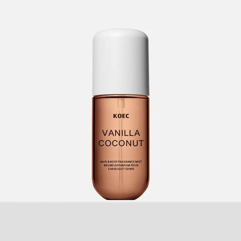 KOEC Vanilla Coconut hair and body fragrance mist bottle on a white background