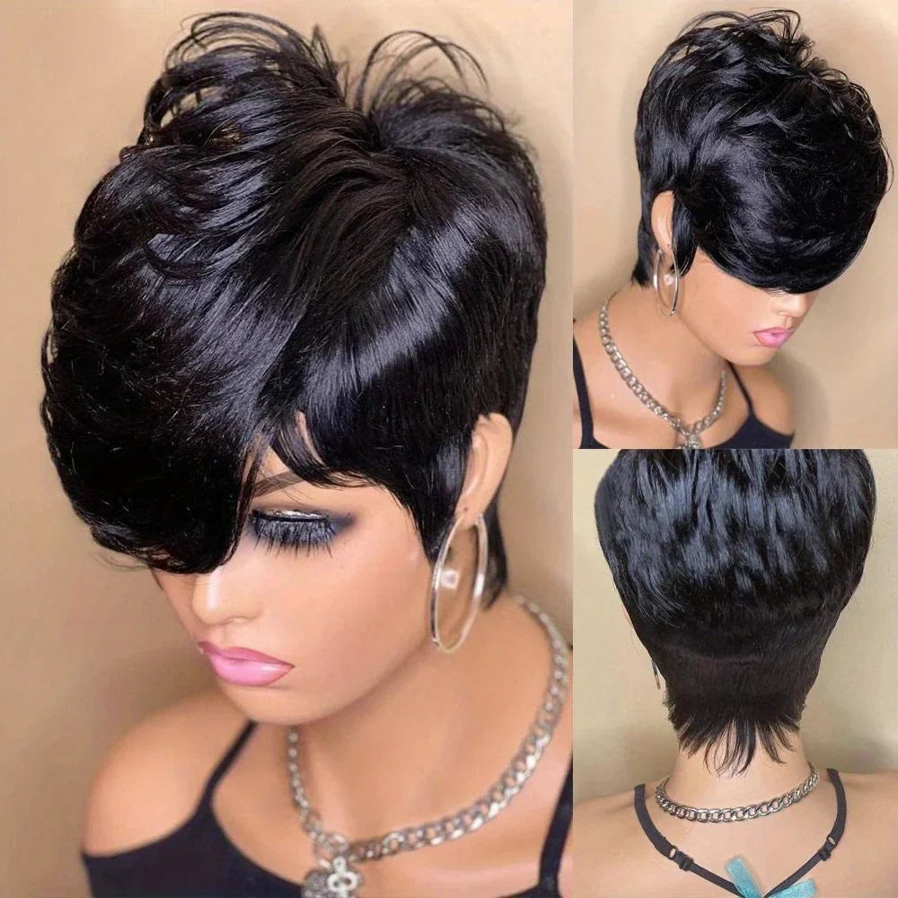 Short Bob Pixie Cut Wigs Straight Natural Color Bob Wig With Bangs Brazilian Virgin Remy Human Hair Wigs Full Machine Made Wigs