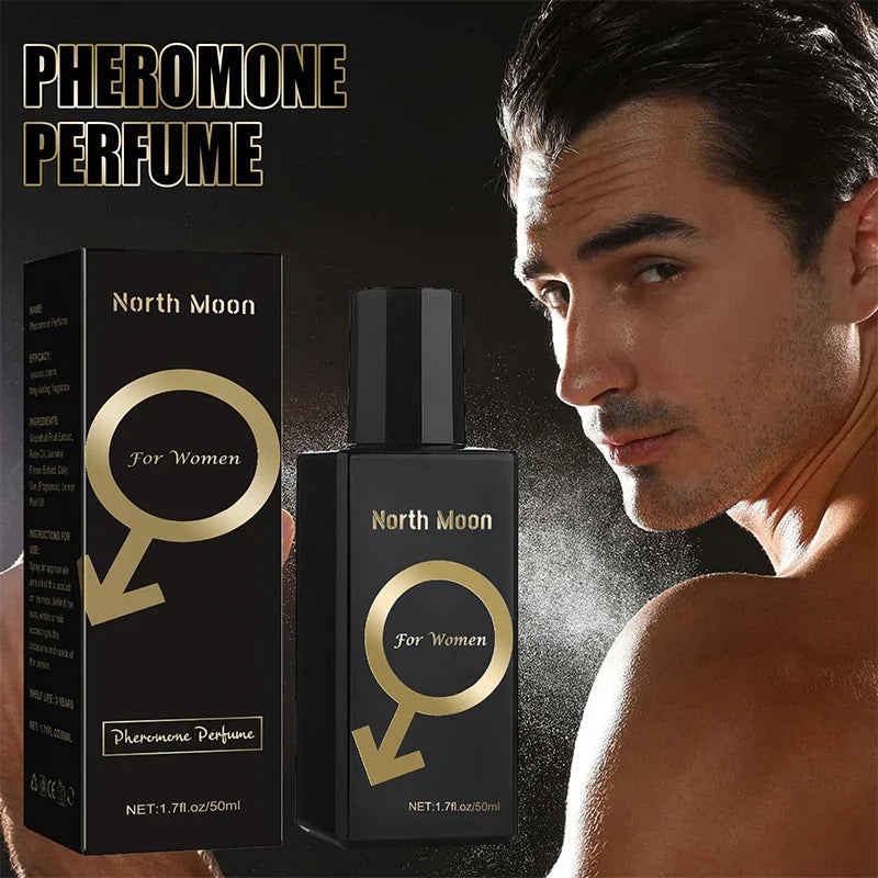 North Moon Pheromone Perfume for Women with packaging and a man in the background