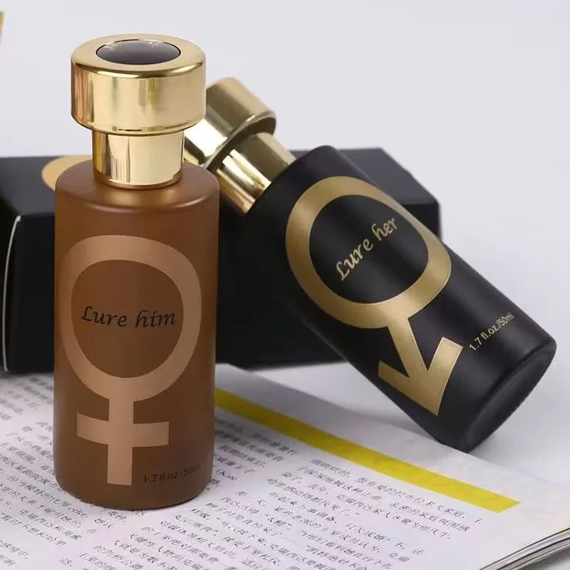 Two perfume bottles labeled 'Lure Him' and 'Lure Her' on a surface with text.